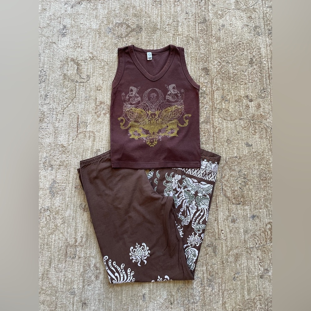 Classic Chocolate Brown Pajama Set with Golden Patterns